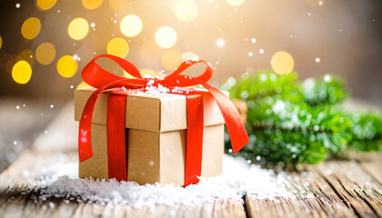 Cozy Christmas setting with rustic gift boxes, pine accents, red ribbons, snowfall, and shimmering festive bokeh glow.
