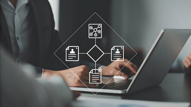 Laptop desk with holographic corporate governance analytics futuristic workplace - Powered by Adobe