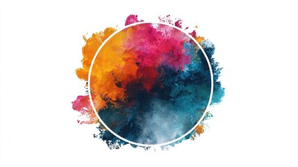 A white outlined circle encompasses a vibrant explosion of blended, textured, multicolored paint on white