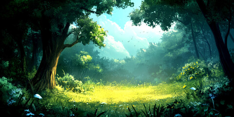 A bright clearing in a serene forest, illuminated by gentle sunlight, surrounded by dense trees and colorful flowers, creating a peaceful atmosphere