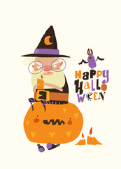 Happy Halloween. Illustration with Funny Angry Wizard sitting on Big Pumpkin
