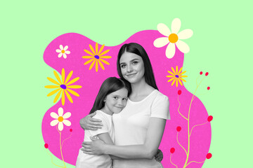 Collage with funny people among colorful flowers symbolizing family parentship friendship love dating romance relationships