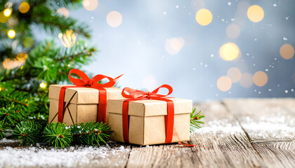 Christmas gift boxes on rustic wood, tied with red ribbons, pine leaves, falling snow, glowing festive bokeh.