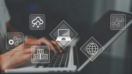 Laptop projecting holographic 5G connectivity management futuristic control