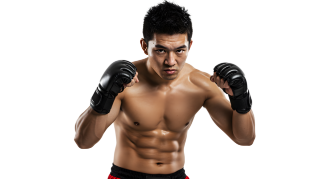 Portrait of a muscular male boxer in black gloves with fists raised isolated on white background, perfect for sports and fitness themes - Powered by Adobe
