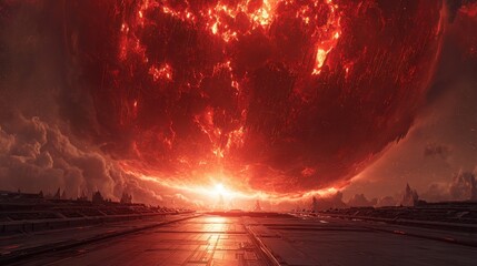 Fiery explosion engulfing the sky over a desolate landscape