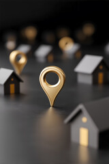 Golden locator pin standing amongst miniature house models, representing location and real estate concepts, on a sleek dark surface.