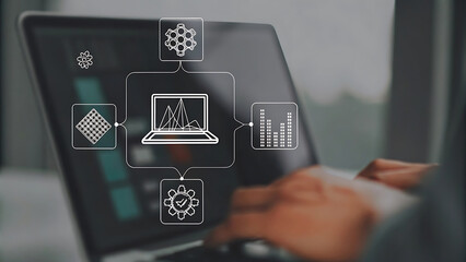 Laptop projecting holographic big data visualization analytics dashboard