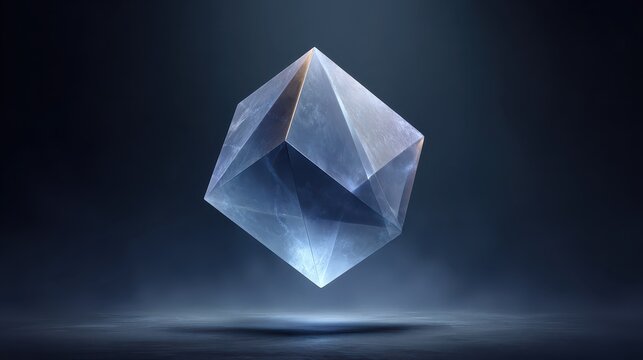 Floating Blue Geometric Crystal Illuminated in Dark Space