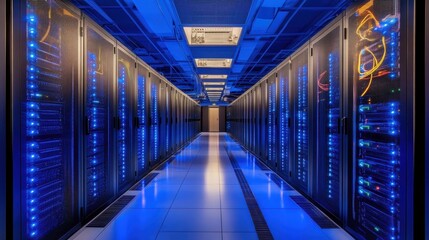 Long perspective of modern server room with glowing blue lights