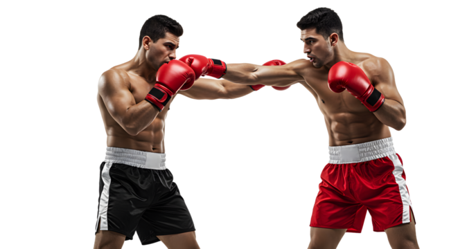 Two male boxers sparring with red boxing gloves and athletic shorts, isolated on black background, intense athletic training and combat sport action - Powered by Adobe