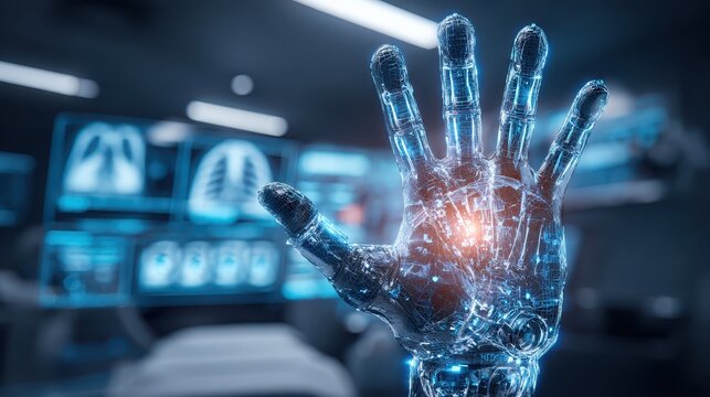 Advanced robotic hand displaying patient scan on a computer screen
