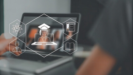 Laptop projecting holographic immersive virtual classroom education