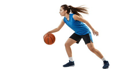 Young female basketball player dribbling ball in athletic wear on white background, perfect for sports and fitness themes