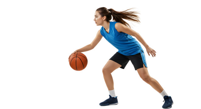 Young female basketball player dribbling ball in athletic wear on white background, perfect for sports and fitness themes - Powered by Adobe