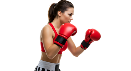 Young female boxer wearing red gloves training in boxing stance isolated on black background, perfect for sports and fitness themes