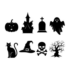 Collection of spooky halloween silhouette icons featuring pumpkins ghosts and haunted houses vector
