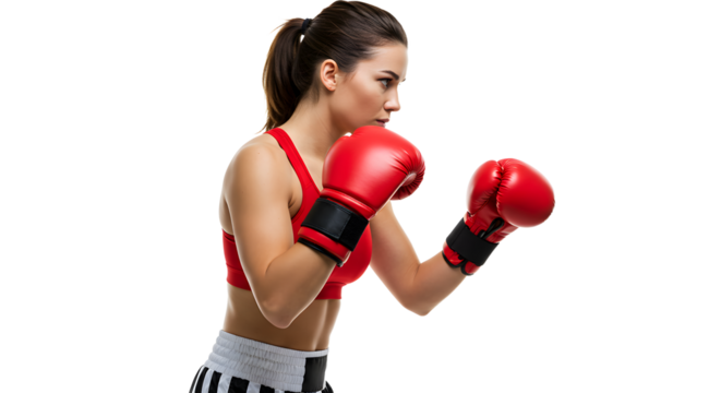 Young female boxer wearing red gloves training in boxing stance isolated on black background, perfect for sports and fitness themes