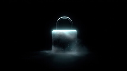 Glowing digital padlock in darkness showing security features