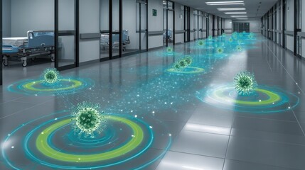 AI managing and visualizing virus spread in a hospital hallway