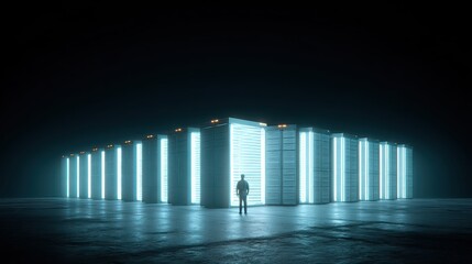Man Standing in Front of Illuminated Data Server Center at Night