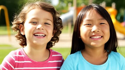 Two girls in a playground give a high five as the girls enjoy a sunny day. The girls wear colorful shirts while playing on the playground equipment.