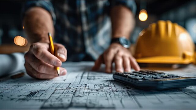 Architects hand sketching detailed blueprints with pencil utilizing calculations and a hard hat under warm indoor lighting for construction