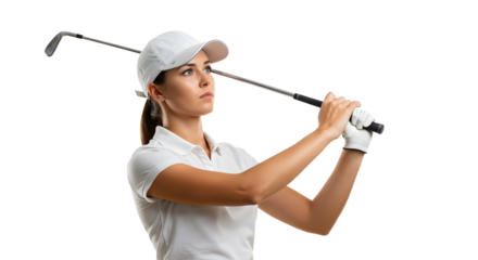 Young woman golfer swinging golf club in white sportswear and cap isolated on white background, perfect for sports and golf-related projects