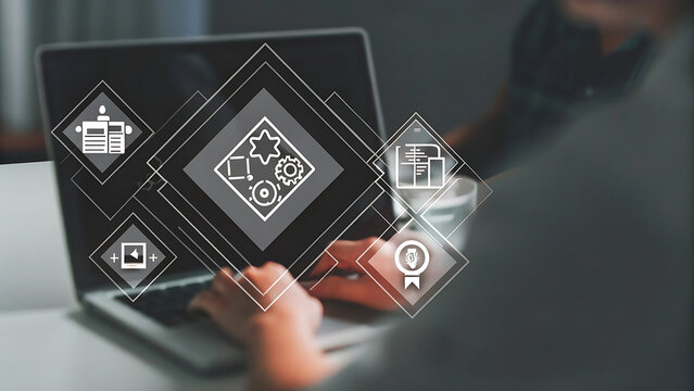 Laptop showing holographic insurance claim processing technology - Powered by Adobe