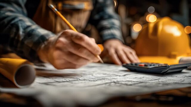 Close up of architects hand sketching architectural plans with pencil wearing work clothes with a yellow safety helmet and calculator near warm lighting