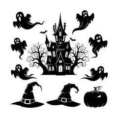 Spooky halloween icons collection featuring ghosts haunted house witch hats and jack-o'-lanterns vector
