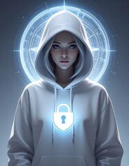 Dreamy White Hat Hacker Silhouette in Glowing Hoodie with Padlock Shield