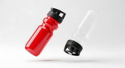 Two sports water bottles, one red and one clear, isolated on white background