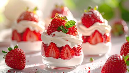 Delicious Strawberry Desserts with Cream in Glass Cups Close Up