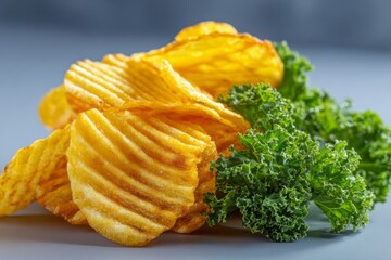 A pile of potato chips and a bunch of green leaves