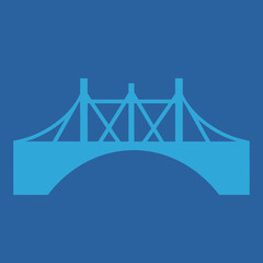 Stylized blue bridge illustration on a blue background.