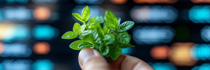 Delicate Green Plant in Focus Surrounded by Blurred Stock Market Data Representing Growth Potential