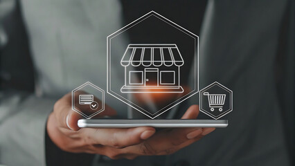 Smartphone projecting holographic online marketplace digital commerce