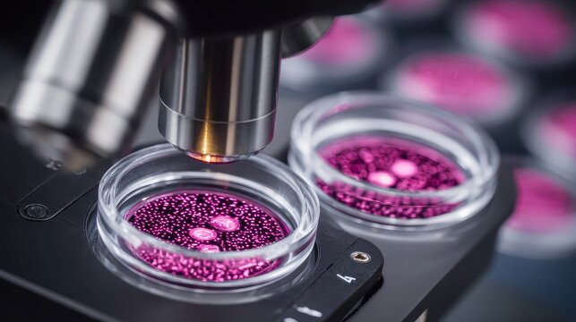 Microscopic analysis of purple cell cultures using scientific equipment - Powered by Adobe