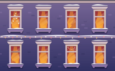 Cartoon Christmas windows with decorations and garlands in the snow, vector illustration