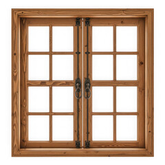 Rustic wooden double window with glass panes and metal handles, isolated on transparent background
