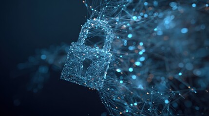 A digital lock symbol floats amidst a web of glowing data points, symbolizing the importance of cybersecurity in a connected world as technology advances.