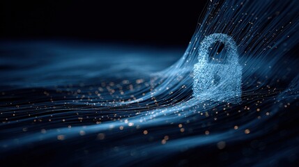 A digital lock symbol appears in the center of flowing blue waves with sparkling particles, representing online security in a virtual environment.