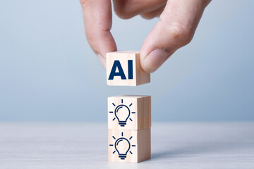 Business Concept :Light Blubs on wood table Blue tone. Creative Thinking and Problem by AI.