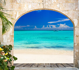 Tropical Beach View Through Stone Archway