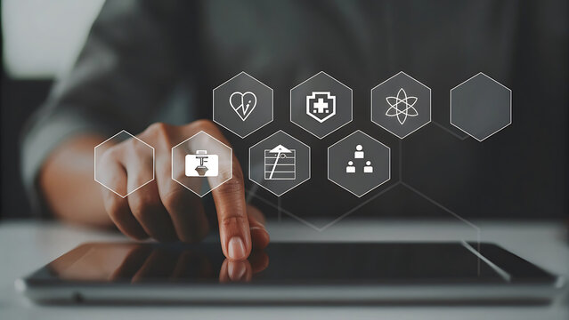 Tablet glowing with holographic healthcare compliance monitoring