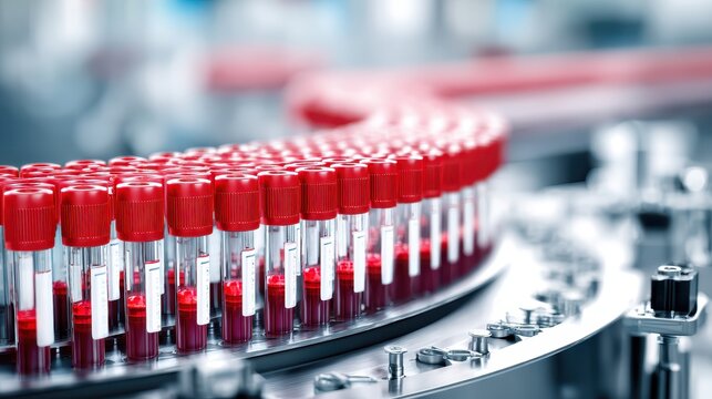 Blood samples being tested in an automated laboratory system
