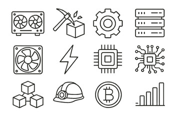 Fototapeta premium Cube vector blockchain mining rig gear icon fan icons energy bar
