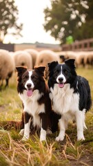 Two Border Collies in a field with sheep