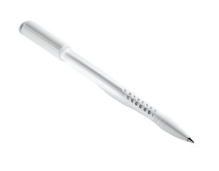 A clear-bodied ballpoint pen, its tip angled, sits against a black background